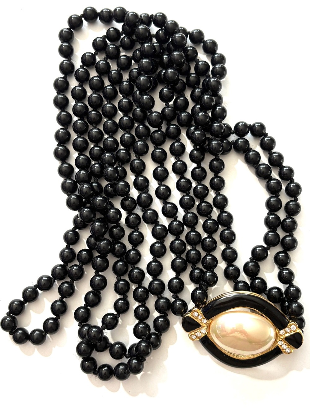 Vintage 1980s Multi Strand Black Glass Bead Pearl Rhinestone Necklace Gold Tone